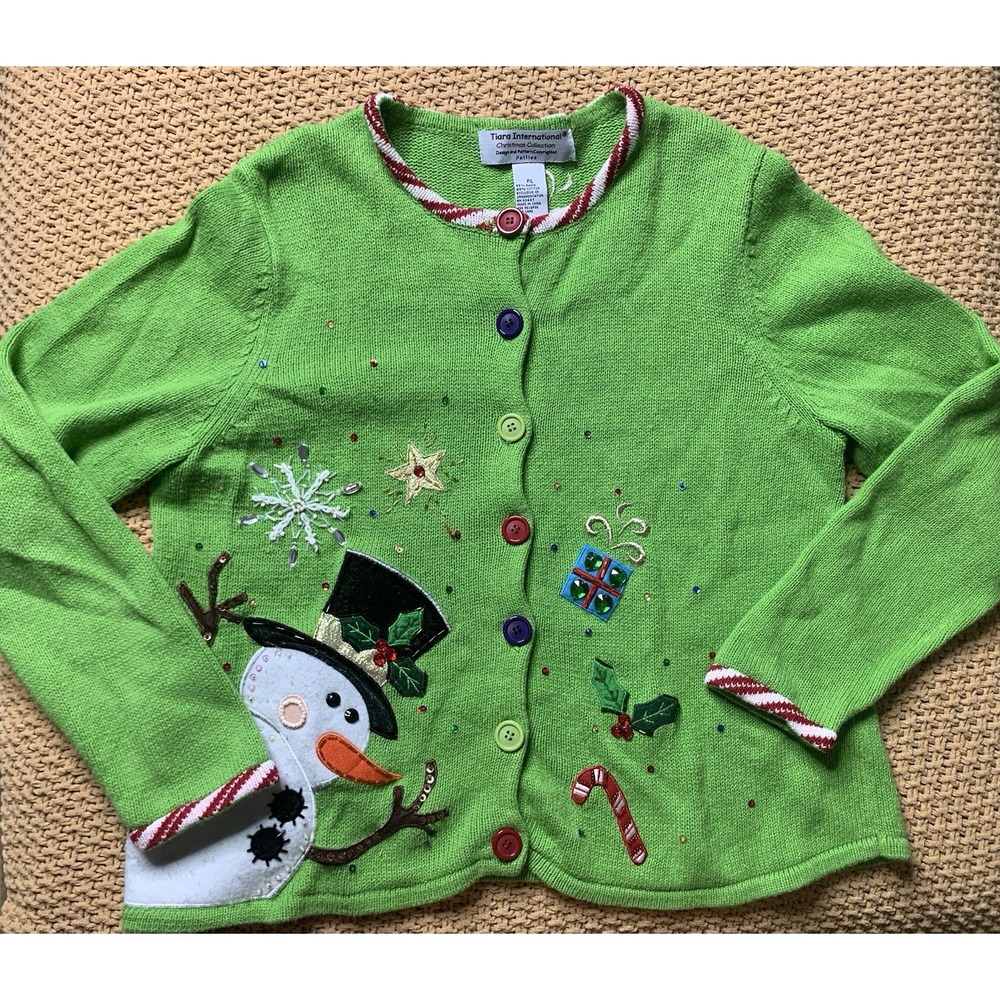Women's PL Tiara International Green Snowman Beaded Christmas Cardigan Sweater